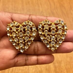 Vintage Gold Heart Crystal Clip Earrings